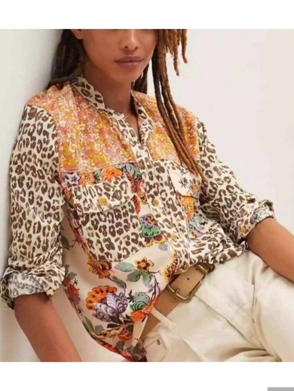 Anthropologie Pilcro Mixed Print Leopard Floral Button Down Top XS